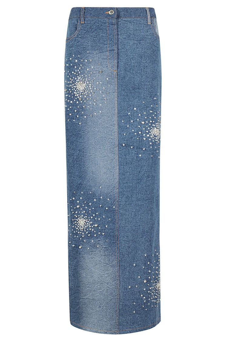 Tie Dye Embroidered Denim Midi Skirt