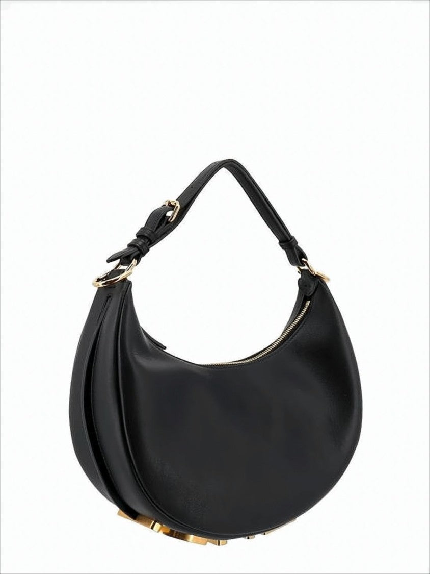 Crescent-Shaped Black Leather Shoulder Bag with Gold Accents