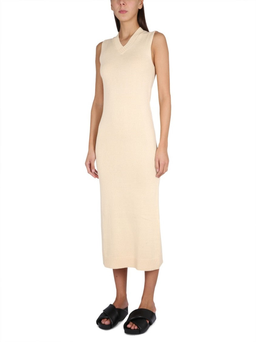 V-Neck Long Dress With Ribbed Edges