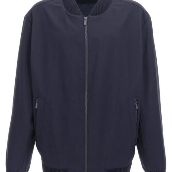 Dark Blue Minimalist Bomber Jacket with Ribbed Details
