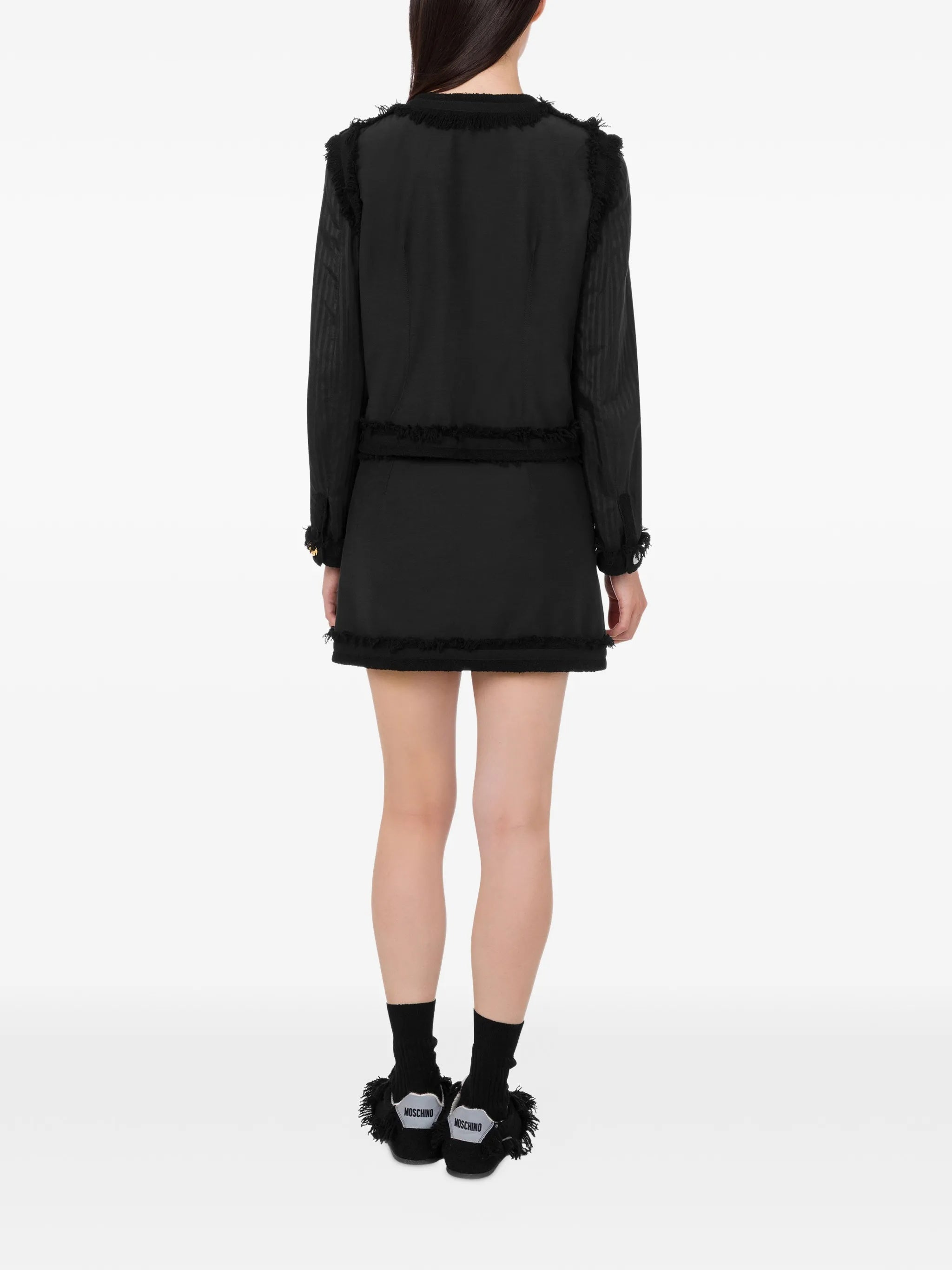 Fringed Boucle Wool Cropped Jacket With Buttons