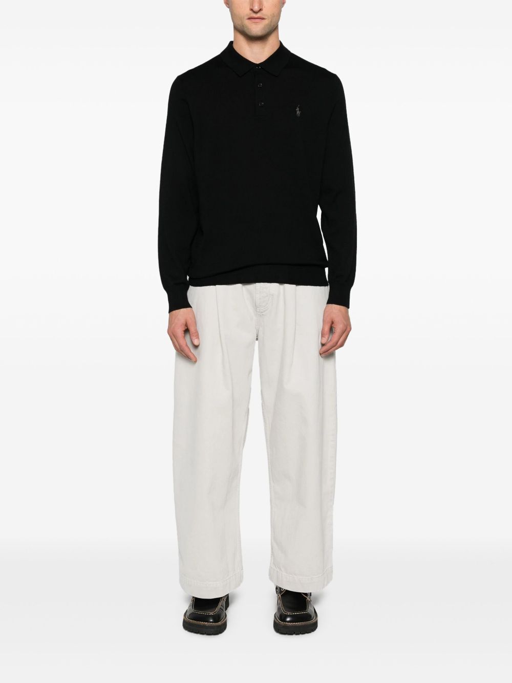 Sweter polo z długim rękawem z czesanej wełny