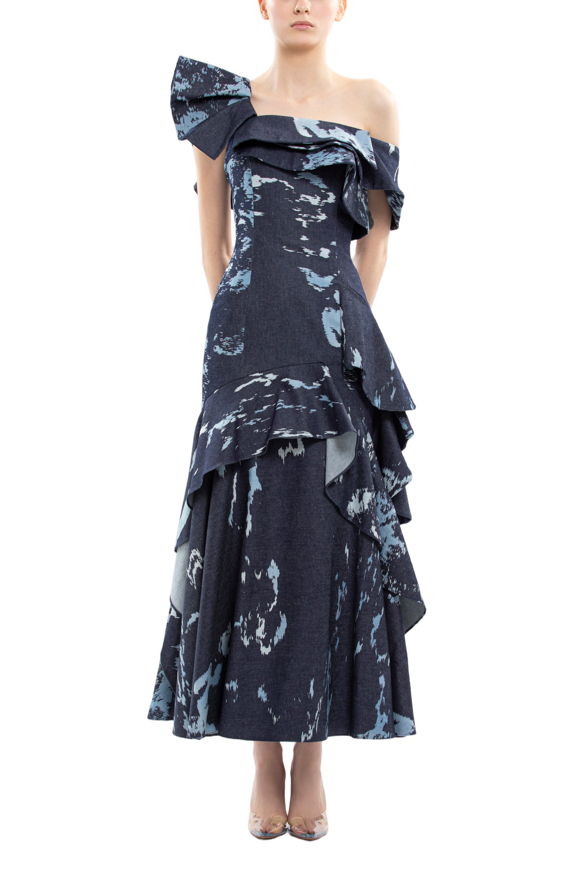 Layered Printed Denim Midi Dress
