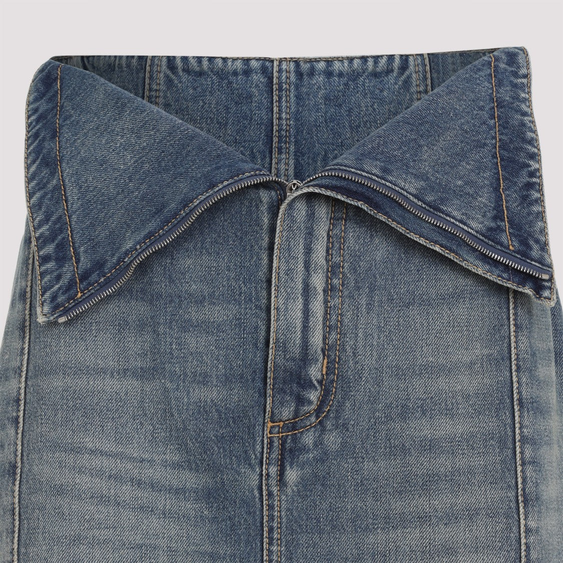 Structured High-Waisted Blue Cotton Midi Skirt
