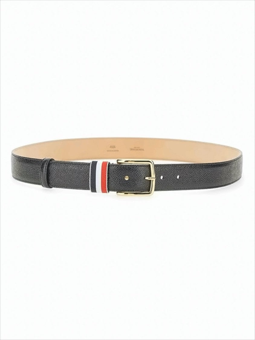 Textured Black Leather Belt with Gold-tone Buckle