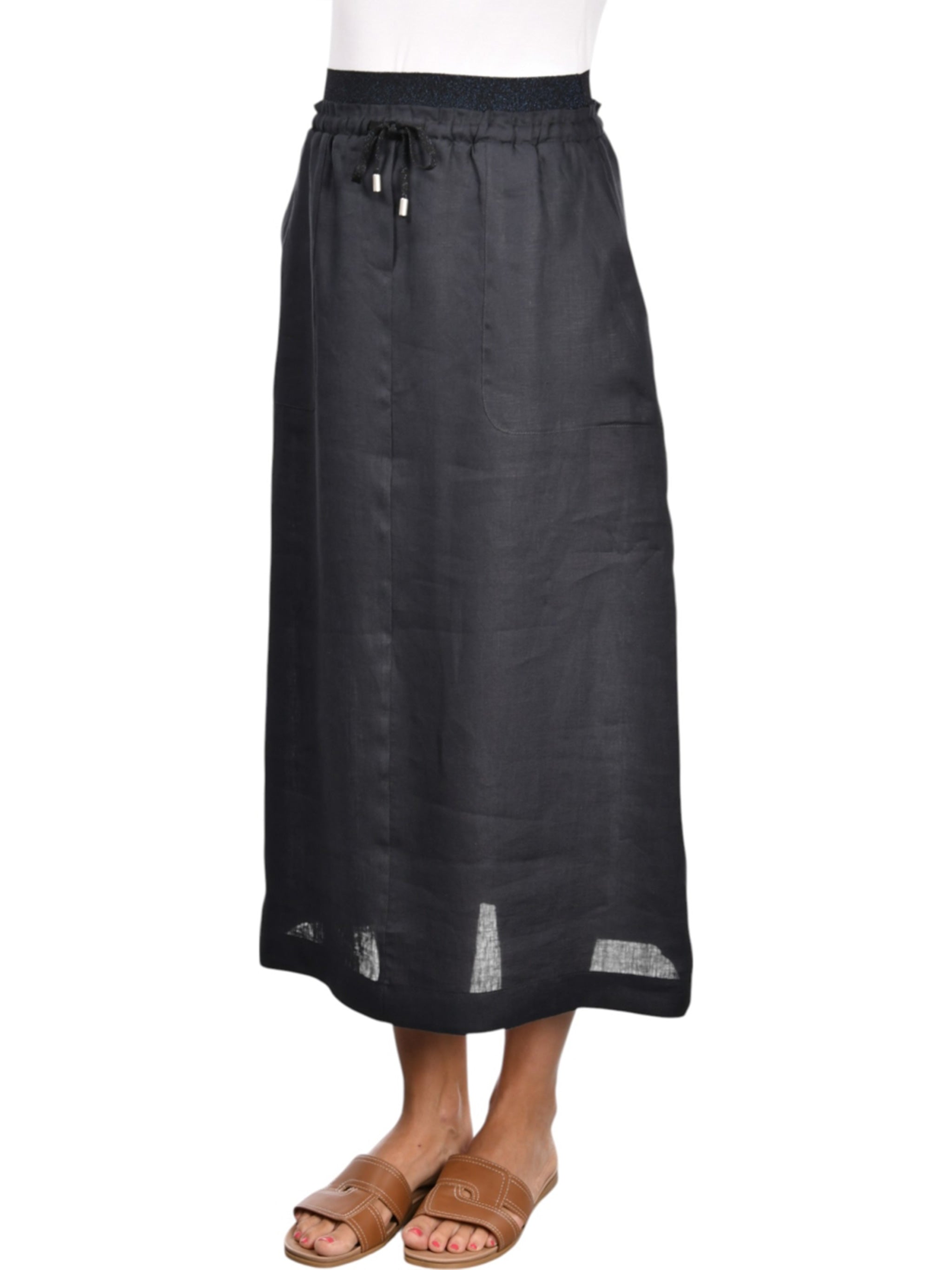Black Gonna Elastic Waist Linen Skirt