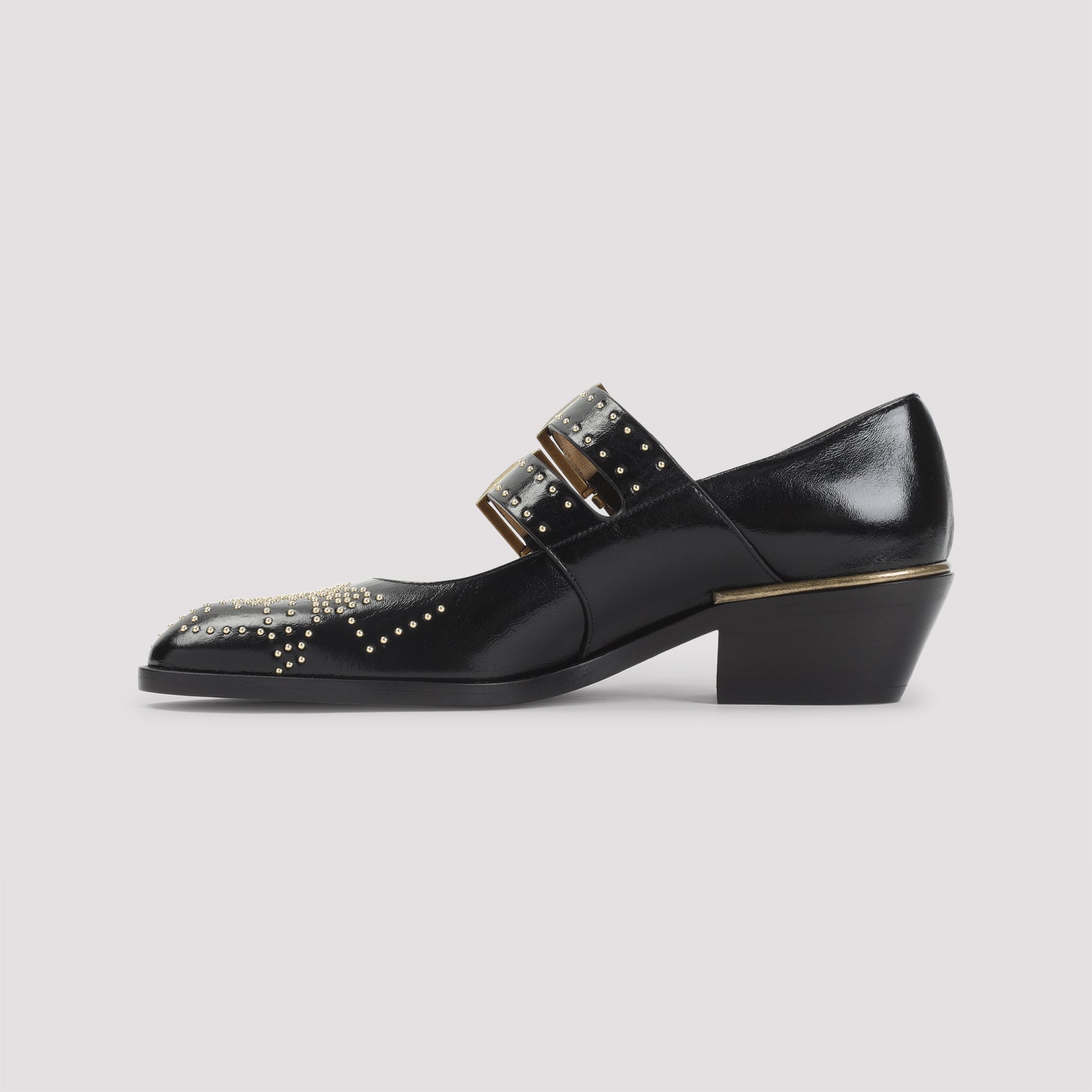 Pointed Toe Pumps with Gold Buckle Accents
