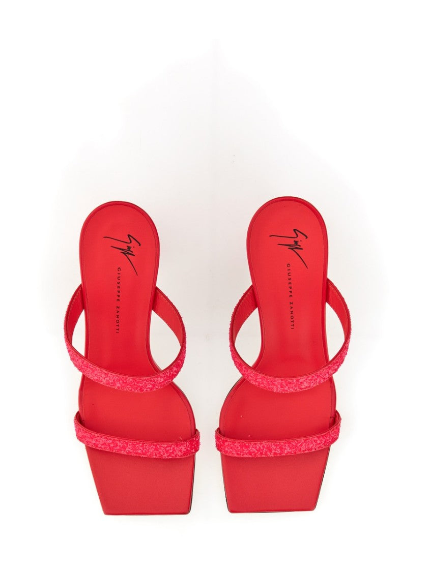 Glitter-Embellished Red Mules With Square Toe