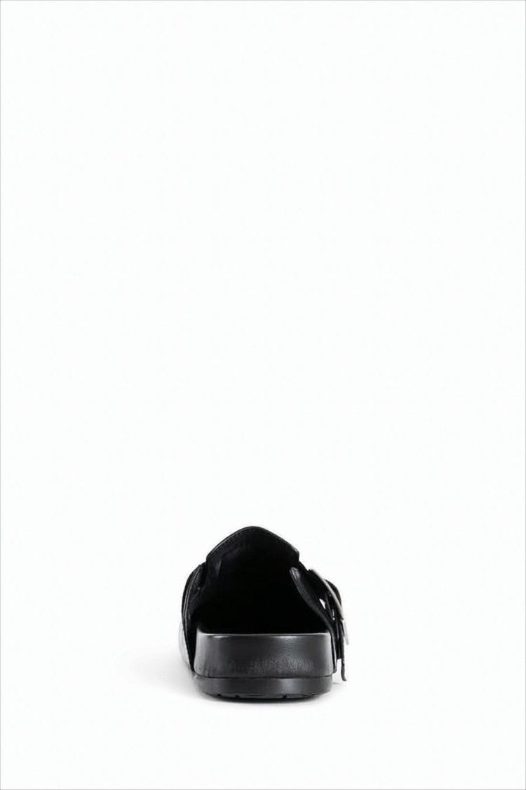 Black Calf Leather Mule with Silver Buckle Detail