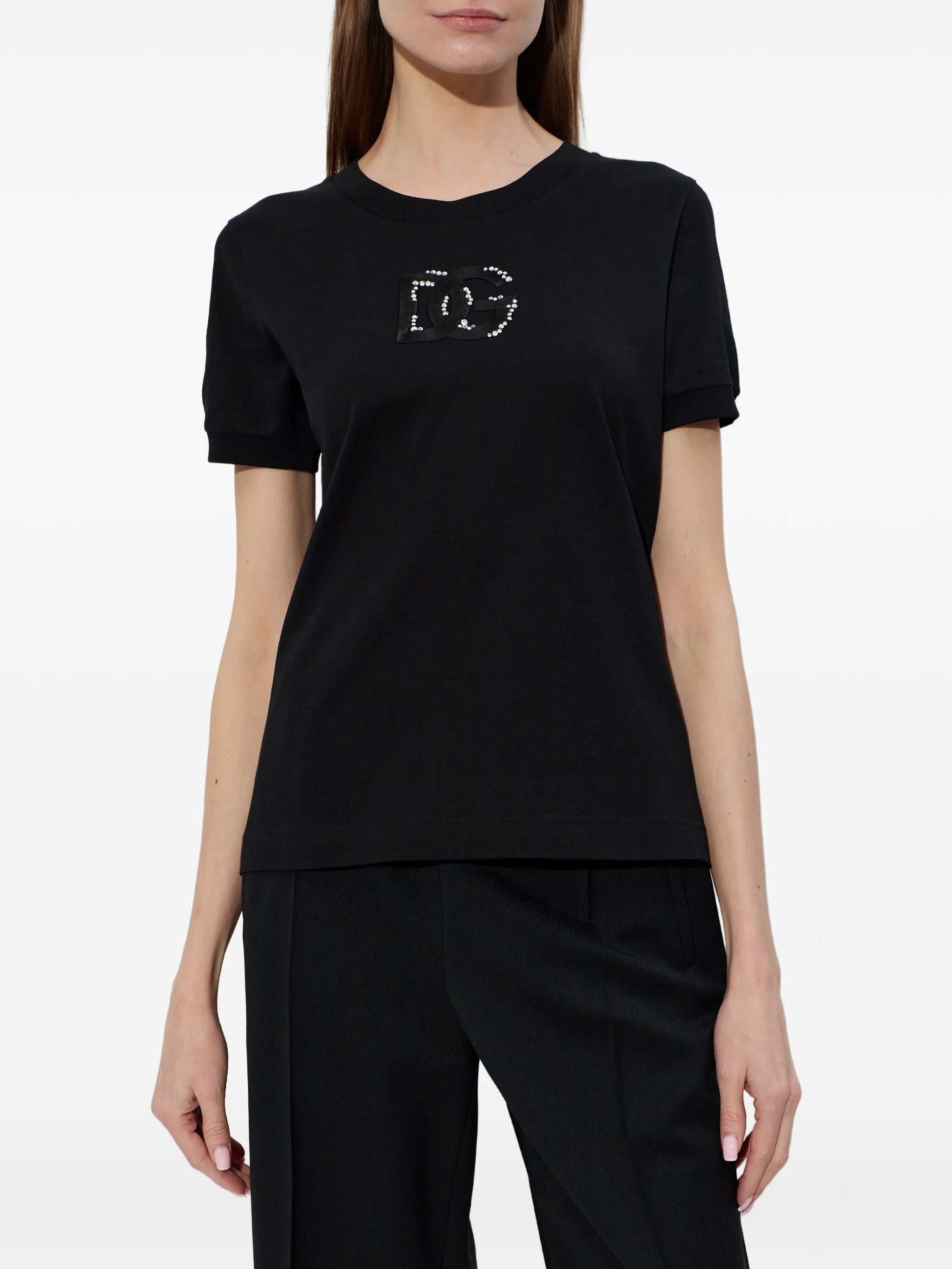 Black Cotton Rhinestone Embellished Logo T-Shirt