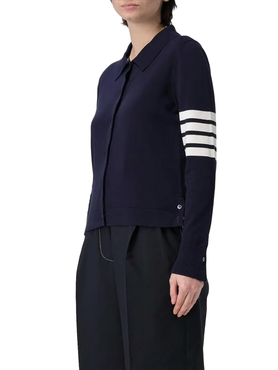Cropped Navy Cardigan with Pointed Collar