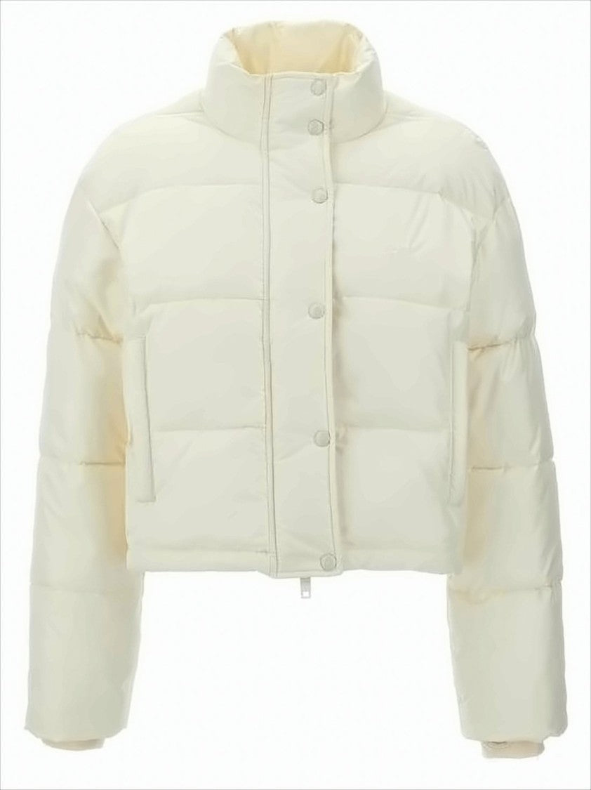 Cropped Puffer Jacket With High Stand Collar And Snap Button Closure