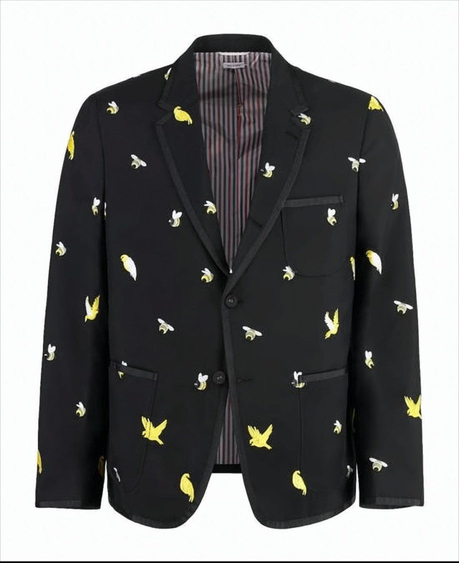 Tailored Black Suit Jacket with Playful Bird Motifs
