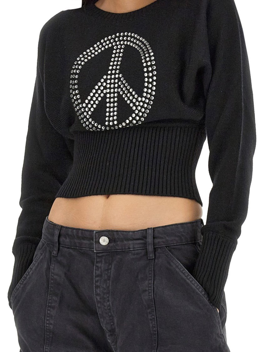 Cropped Black Jersey With Rhinestone Peace Symbol