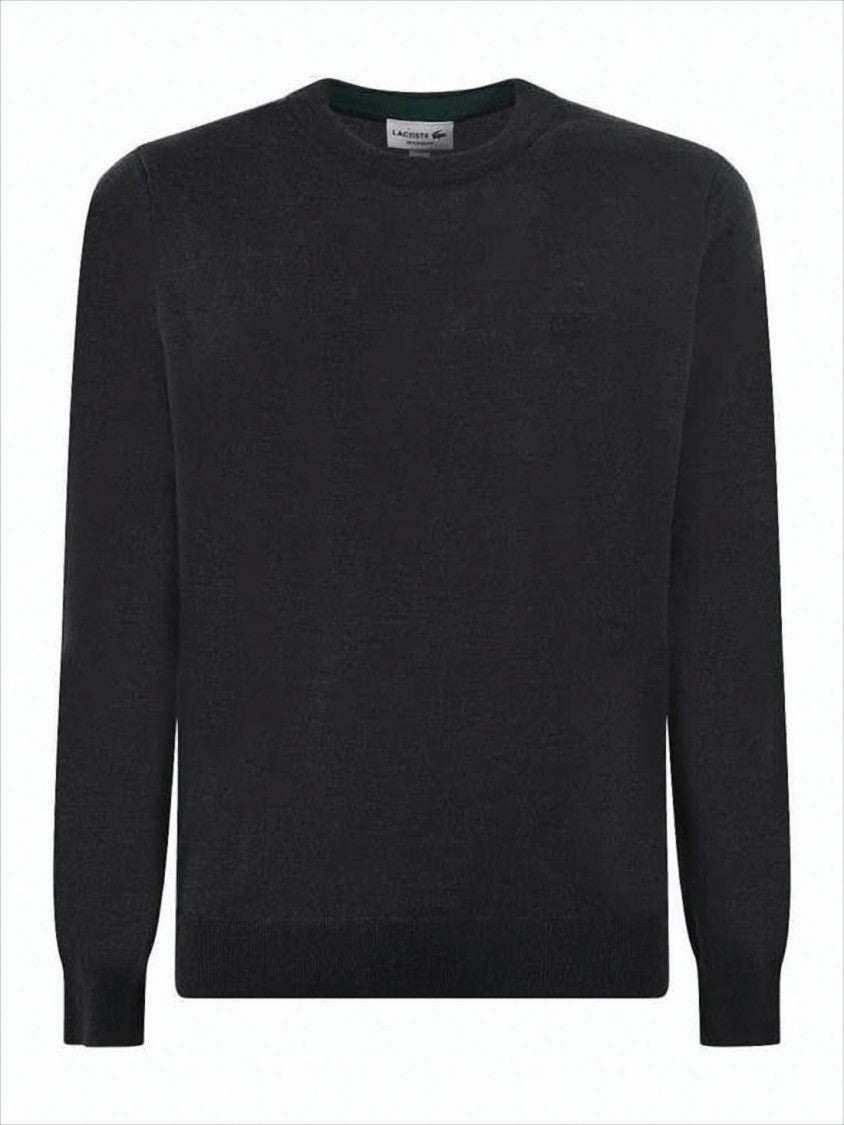 Crew Neck Black Wool Sweater with Ribbed Details