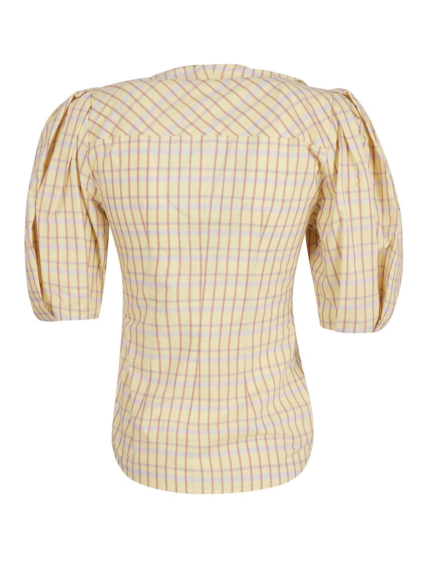 Ruffled Neckline Check Pattern Shirt