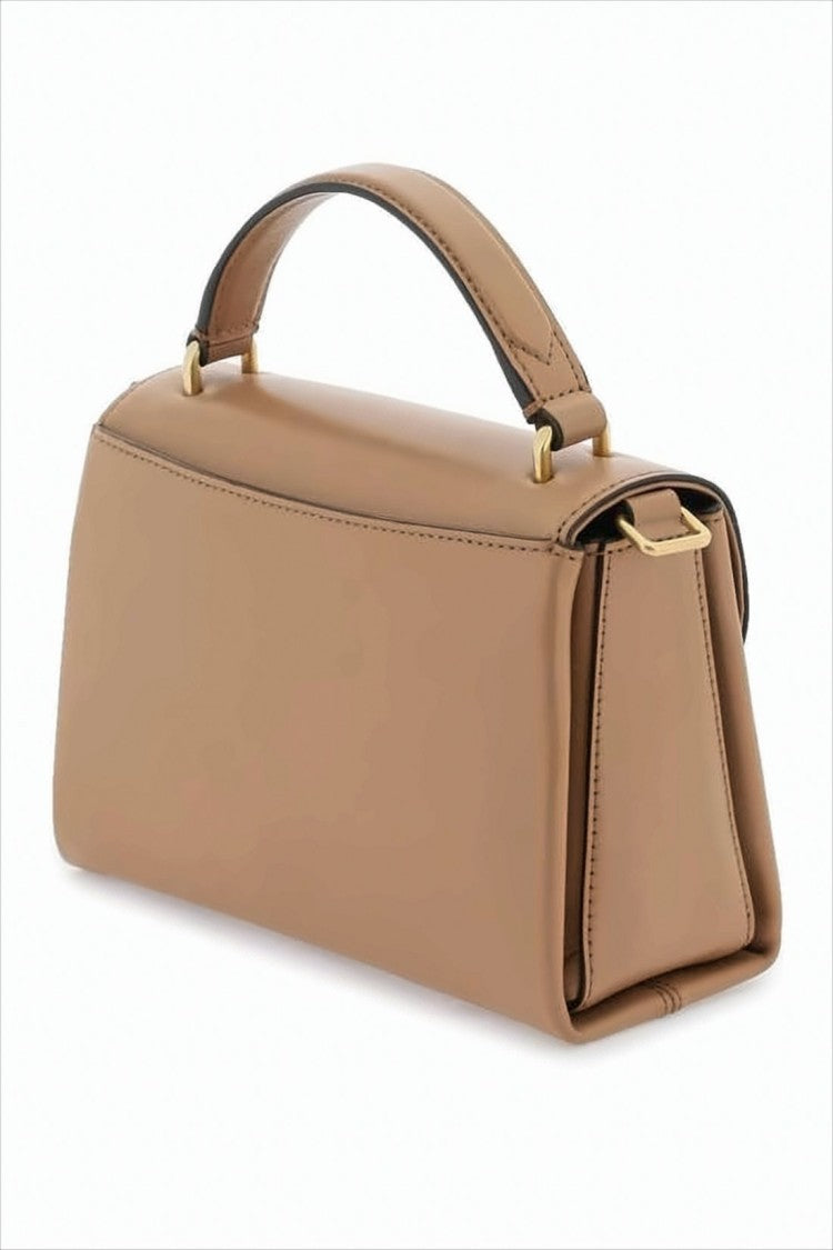 Structured Brown Leather Tote with Gold-Tone Turn-Lock