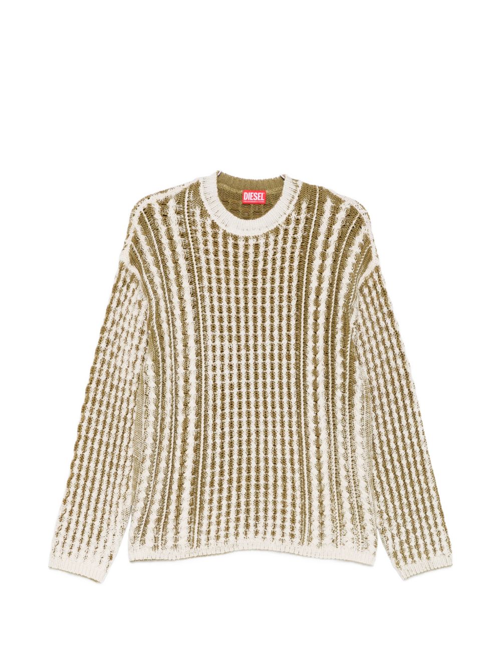 Textured Knit Sweater With Vertical Stripes In Cream And Olive Tones