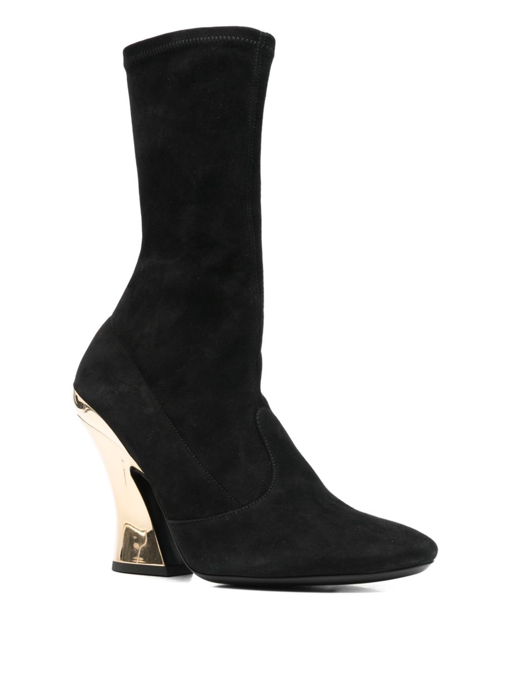 Sculptural Gold-Tone Heel Black Leather Boots