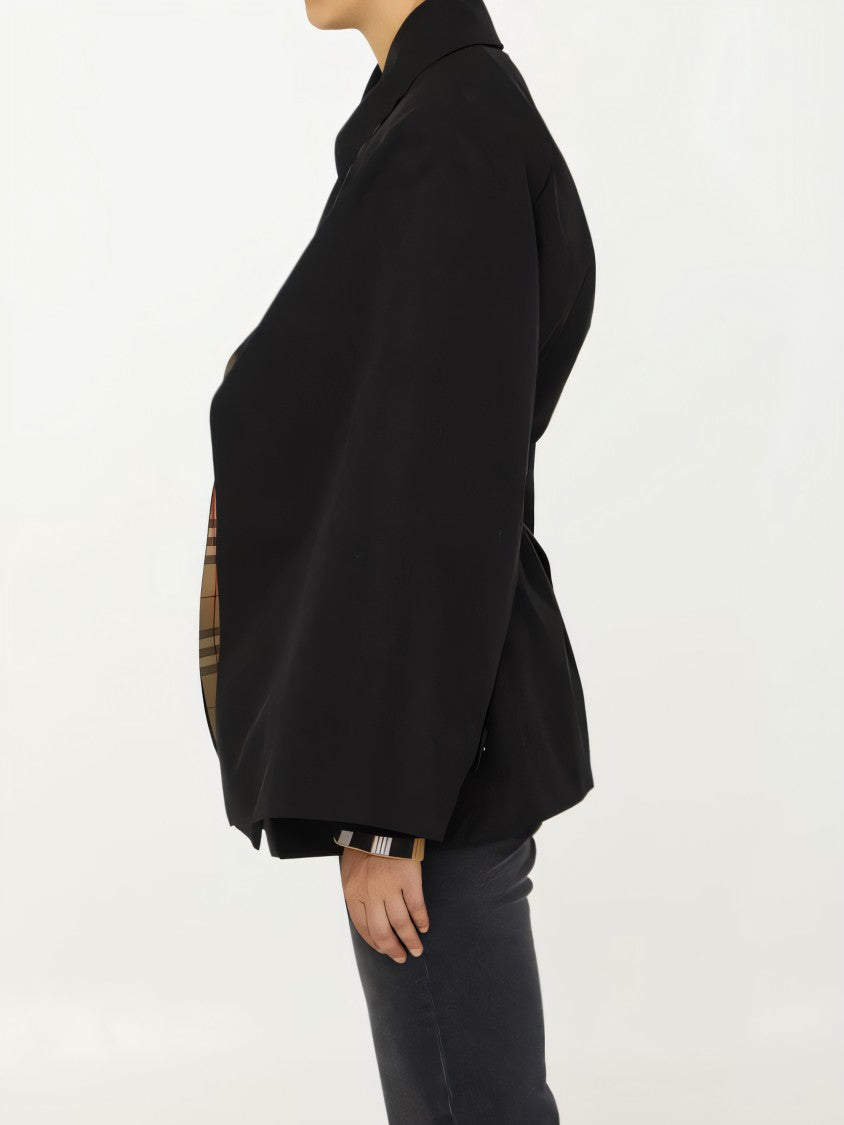 Oversized Black Coat with Check Interior