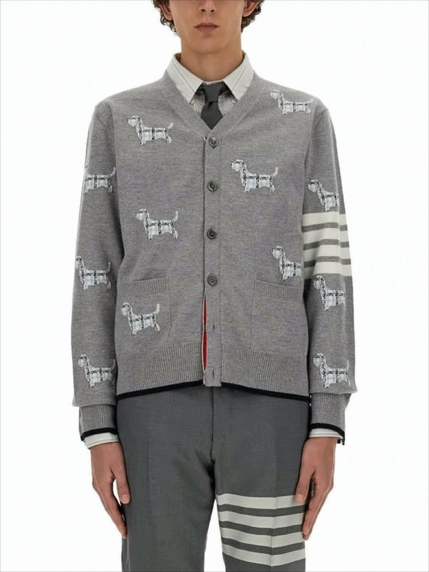 Embroidered Grey Wool Blend Cardigan with Signature Stripes