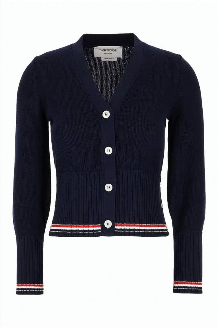 Deep V-Neck Cardigan with Tricolor Accents
