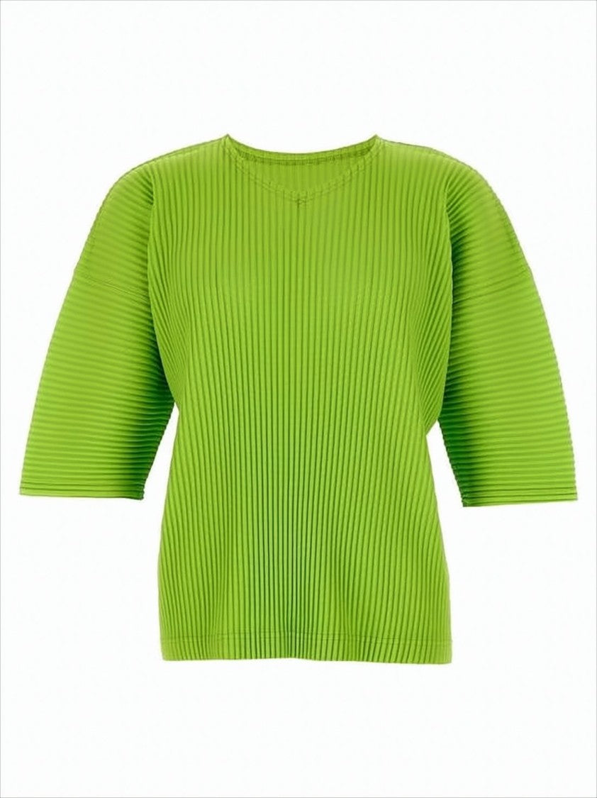 Lime Green Pleated Short-Sleeve Top with Boxy Silhouette
