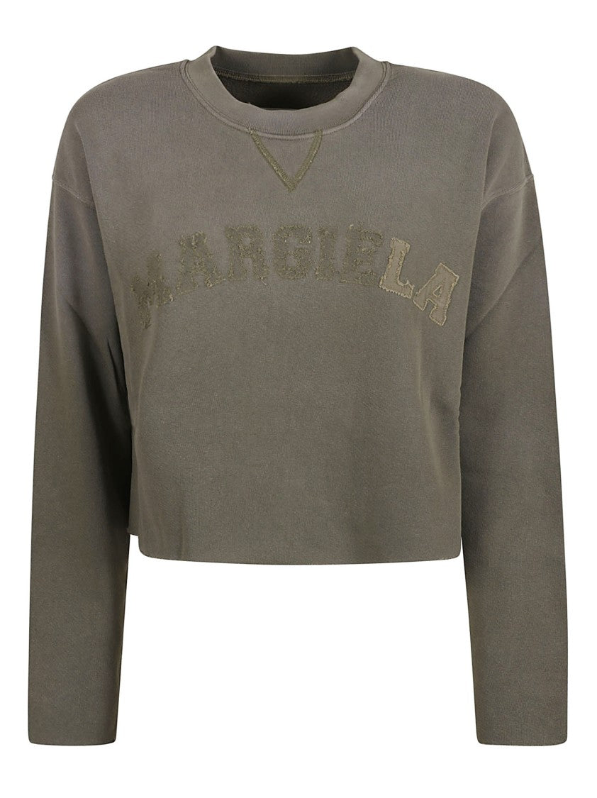 Cropped Green Sweater With Textured Logo