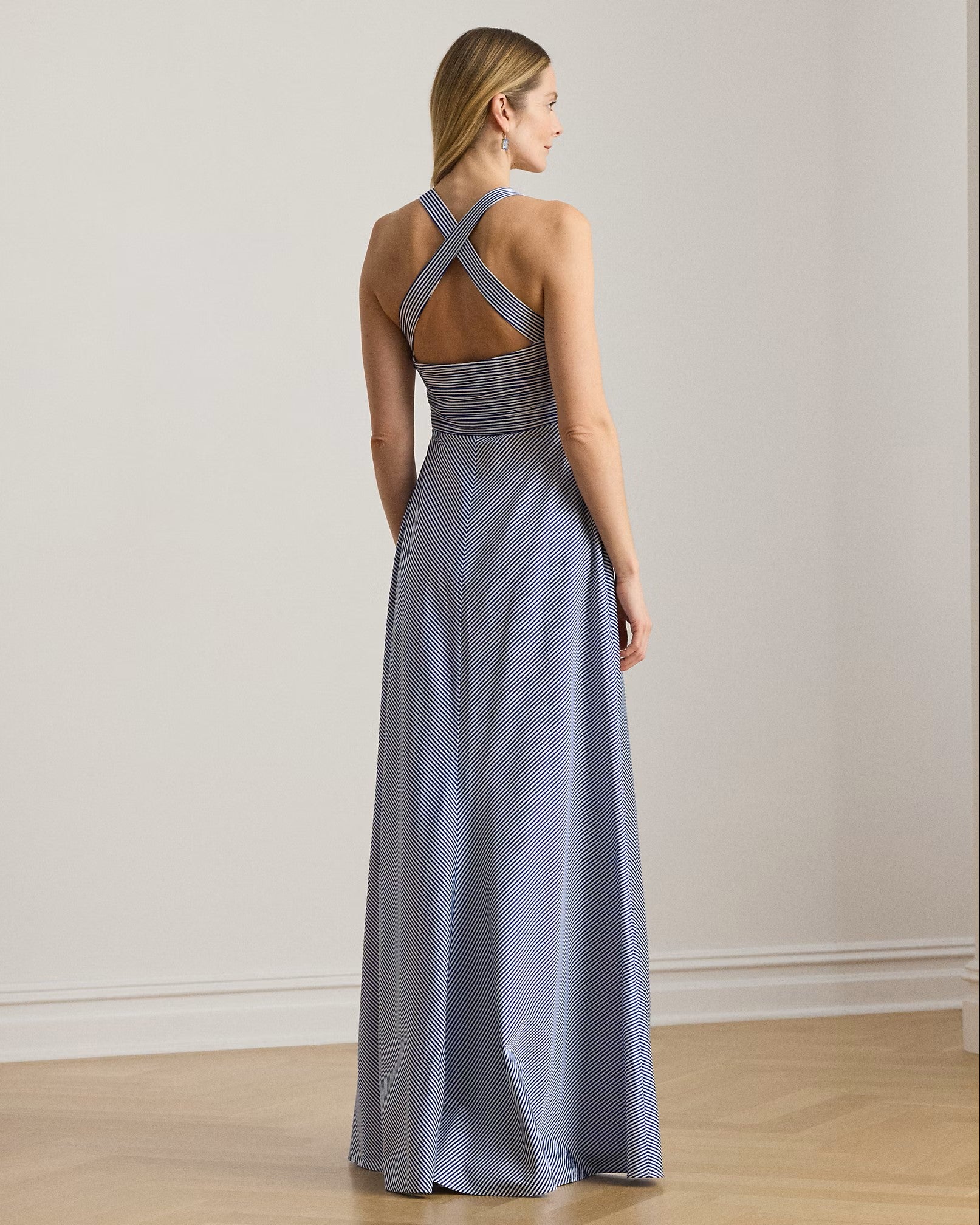 Navy Blue Woven Taffeta Evening Gown