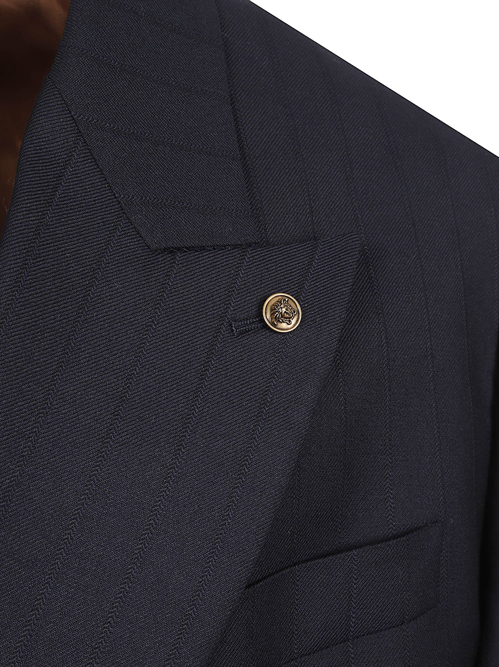 Double-Breasted Pinstripe Blazer with Removable Medusa Pin