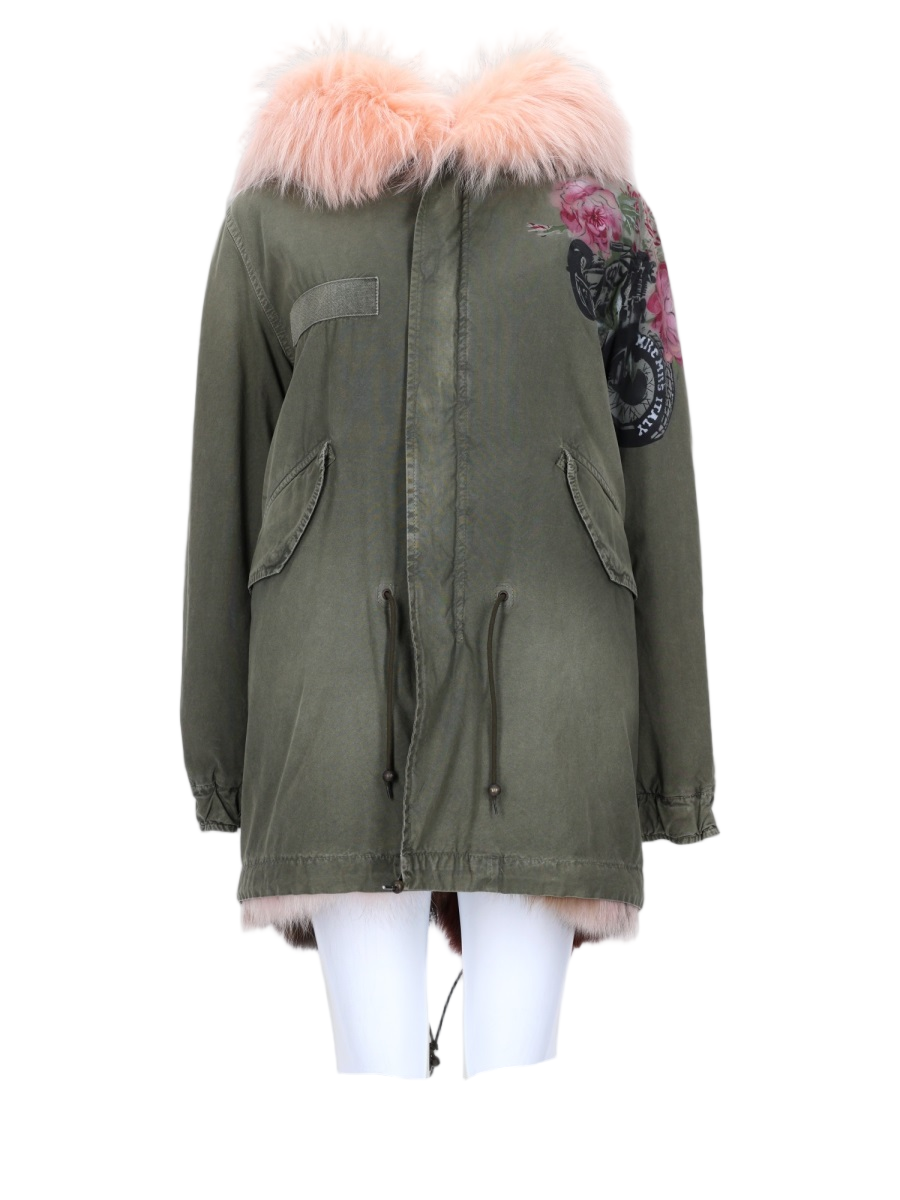 Classic Military Green Cotton Parka With Fluffy Pink Fur Collar