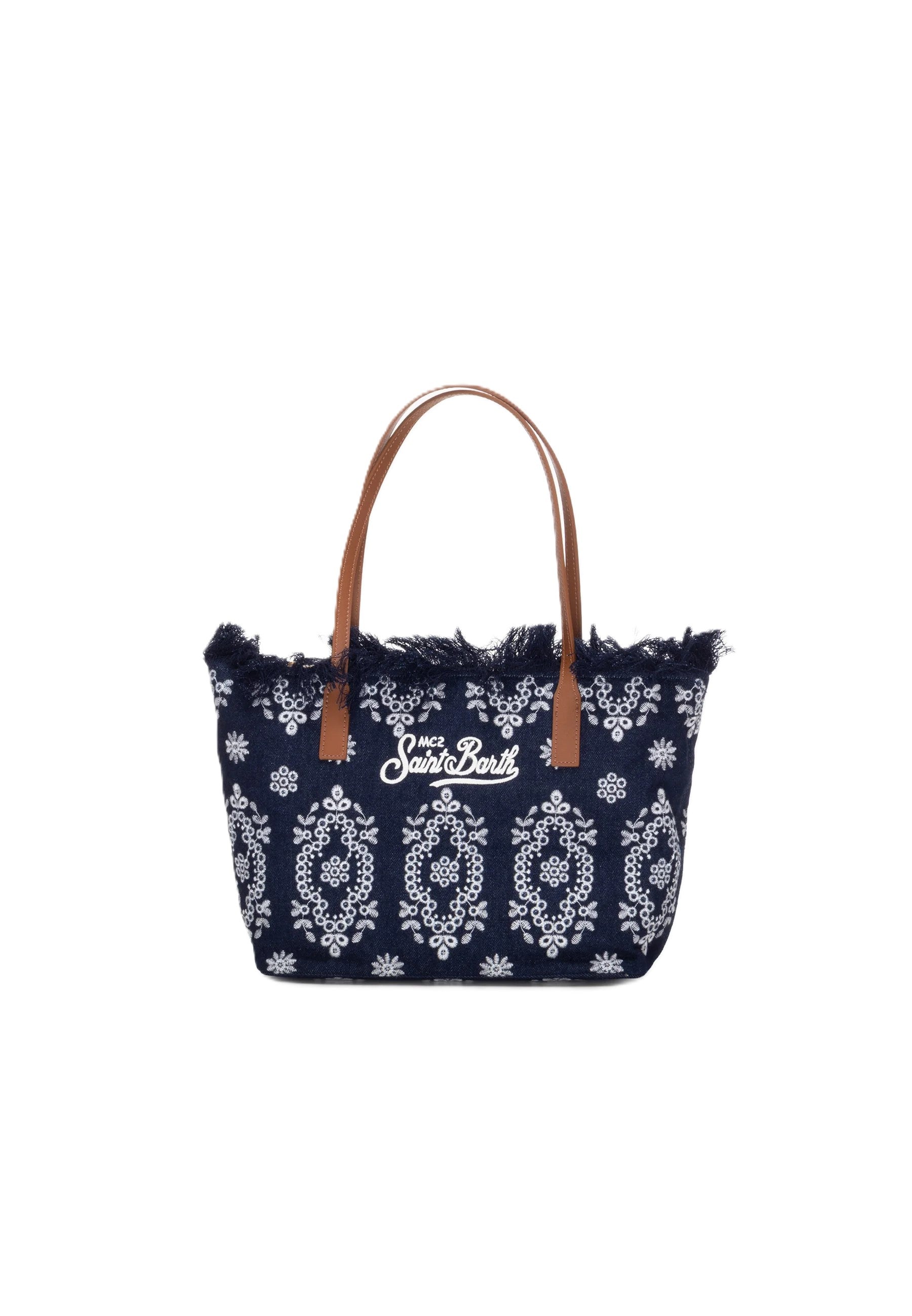 Navy Blue Rectangular Tote Bag with Embroidered Details