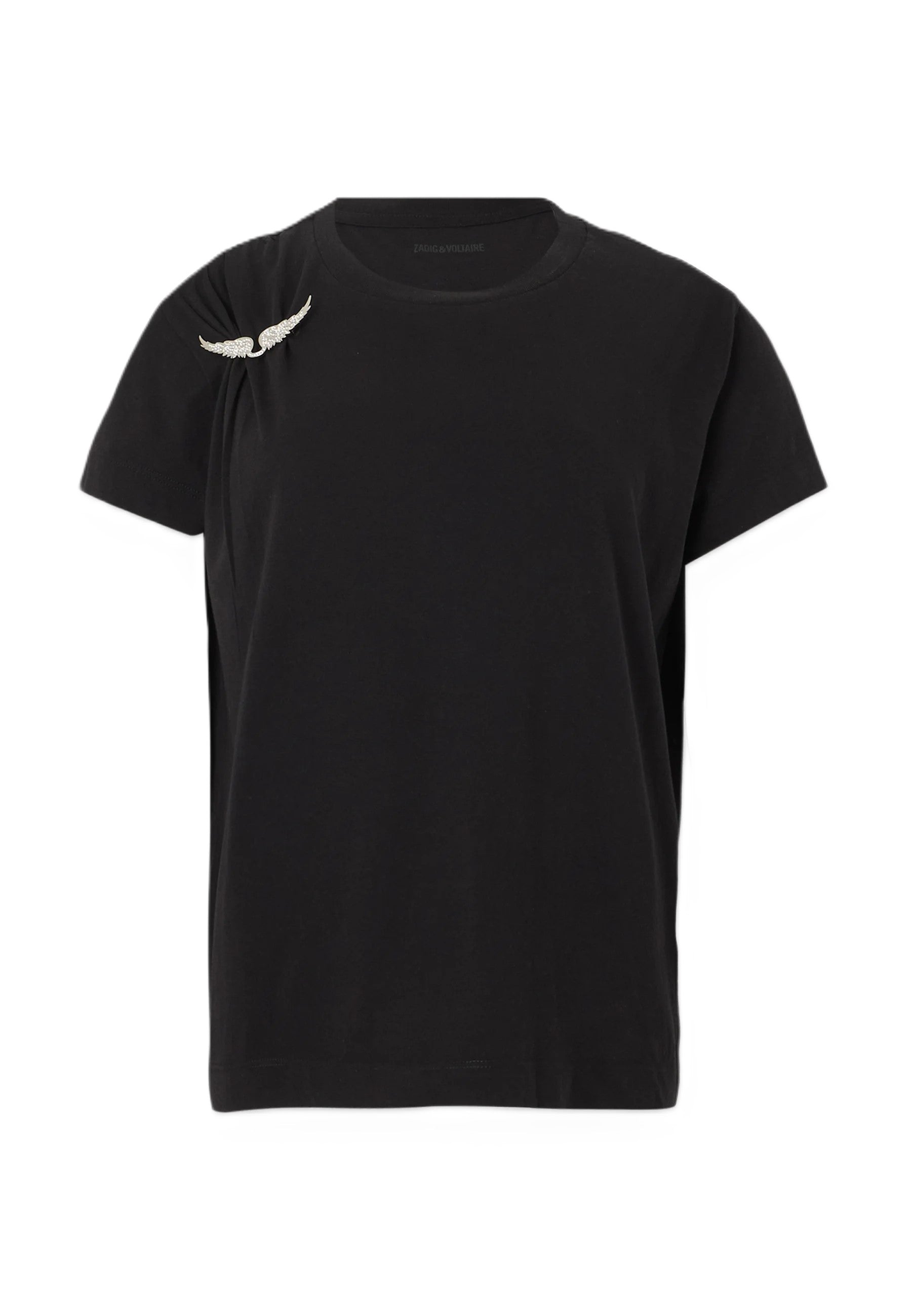 Short-Sleeved T-Shirt with Silver Wing Brooch Detail