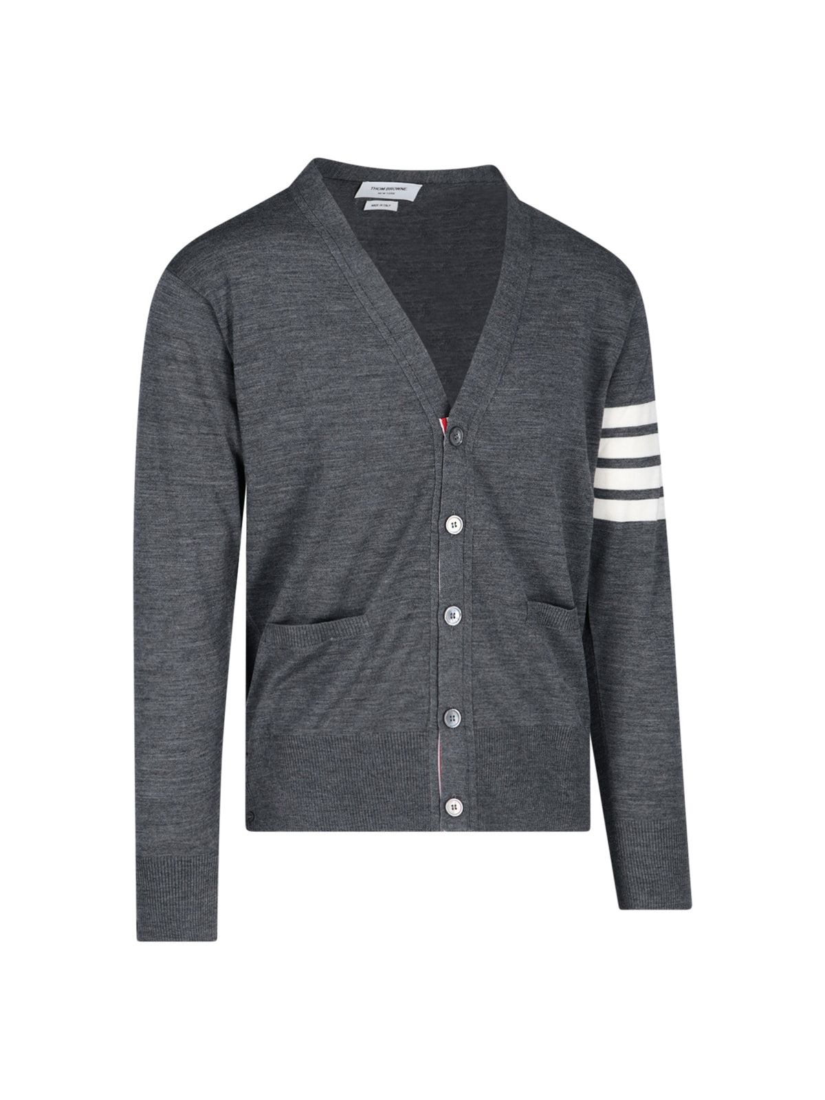 Grey Virgin Wool Cardigan With Iconic 4-Bar Intarsia