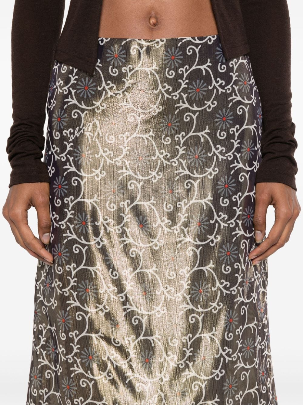 Gold-Tone Lamé Floral Print Pencil Skirt