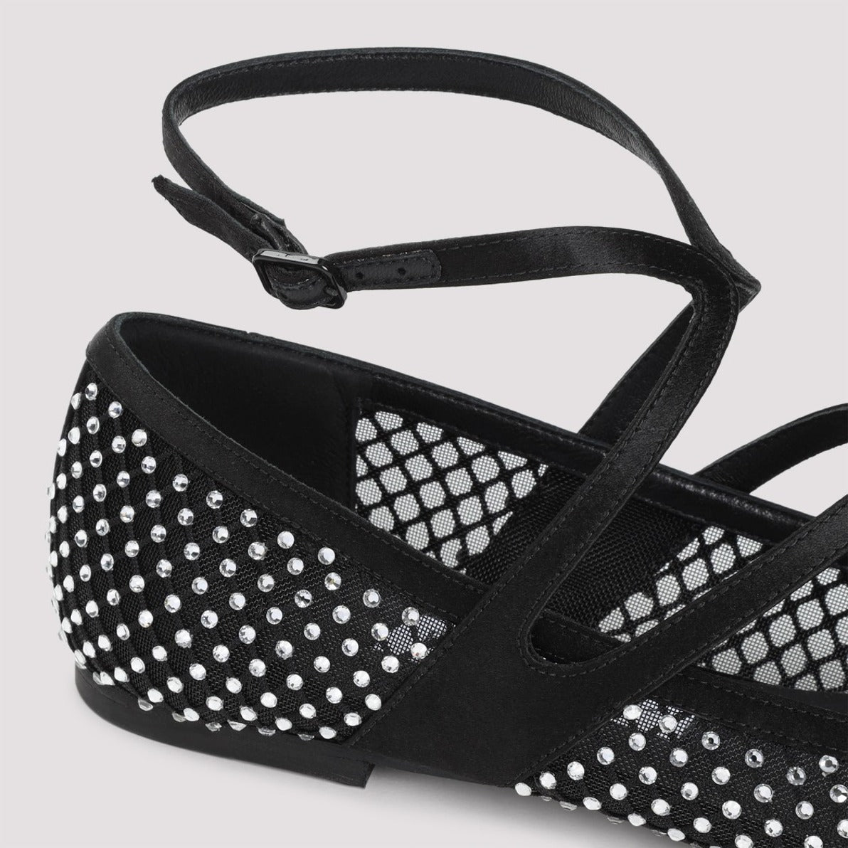 Black Leather And Mesh Ballerinas