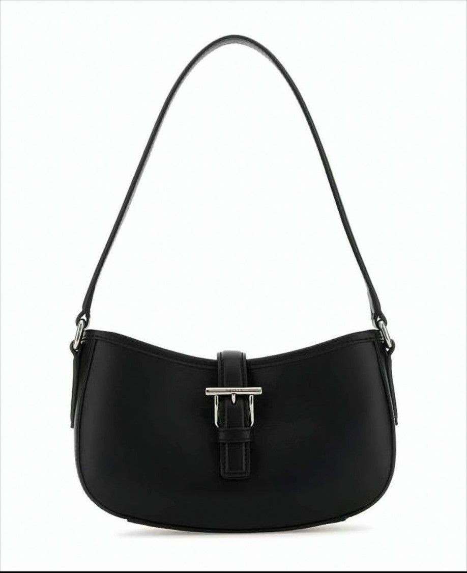 Minimalist Black Calf Leather Shoulder Bag