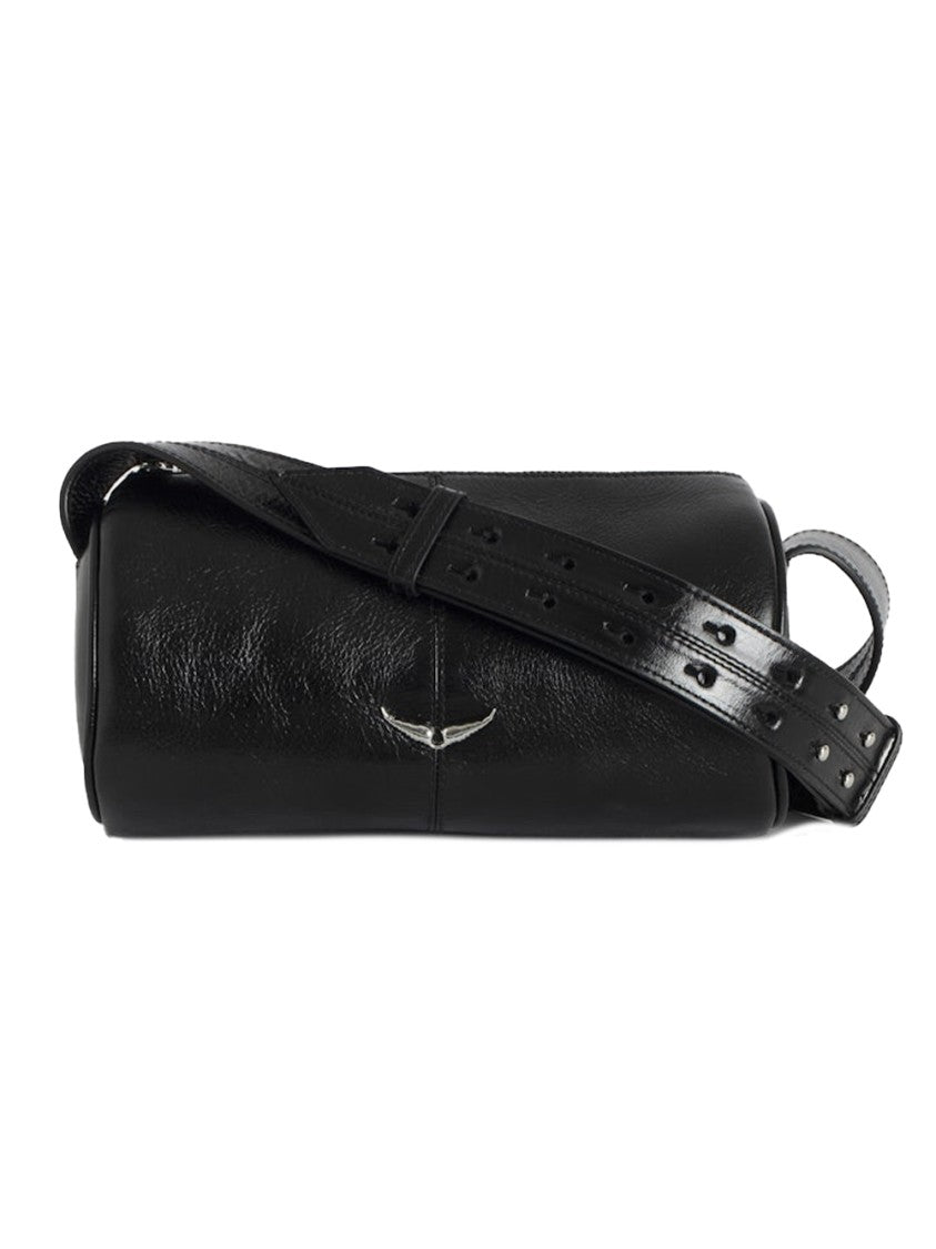 Textured Black Leather Cylindrical Shoulder Bag