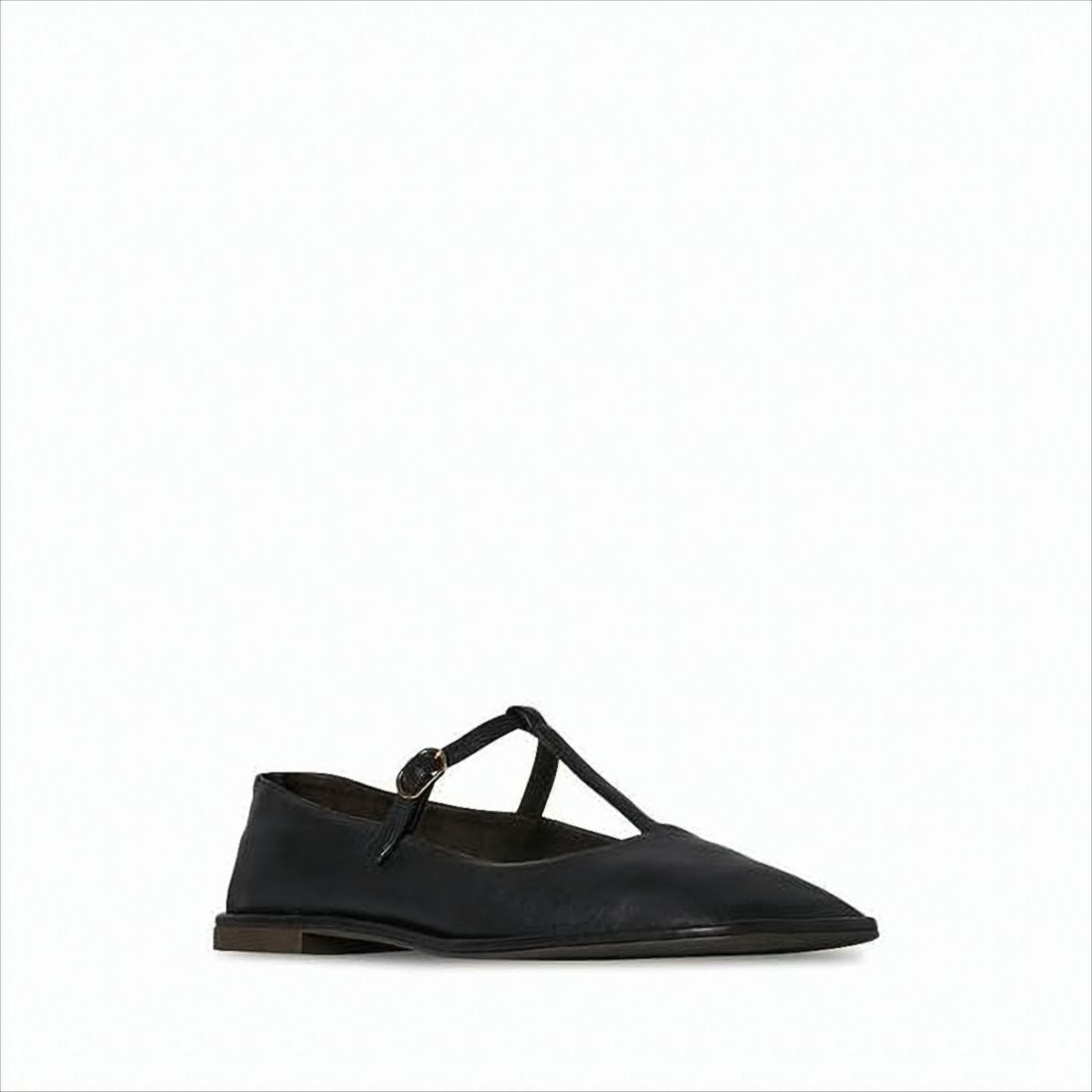 Pointed T-Strap Flat Shoes in Smooth Lamb Leather