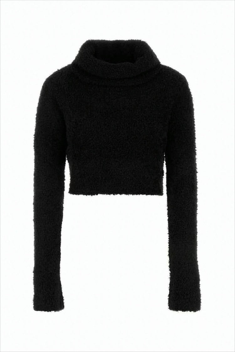Cropped Black Sweater with Plush Texture
