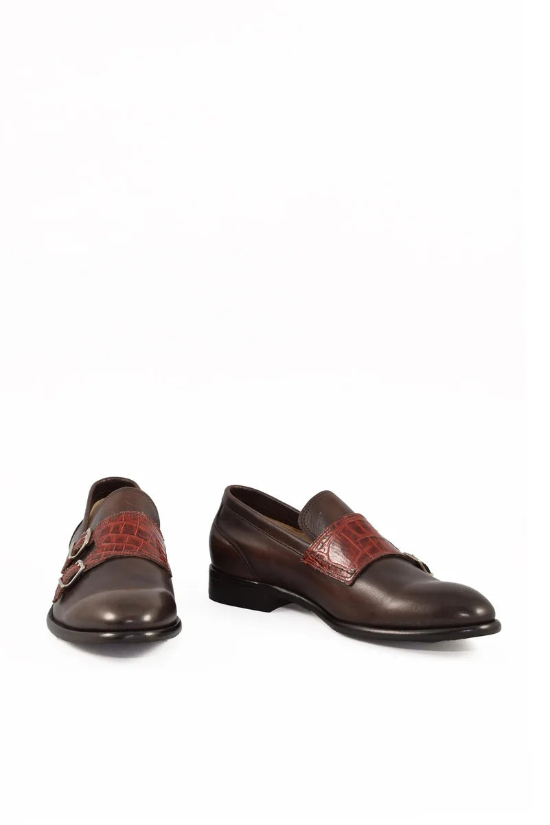Leather Loafer with Buckles - Brown/Bordeaux