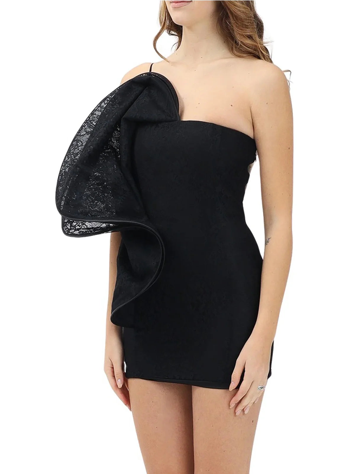 Black Polyamide One-Shoulder Lace Mini Dress