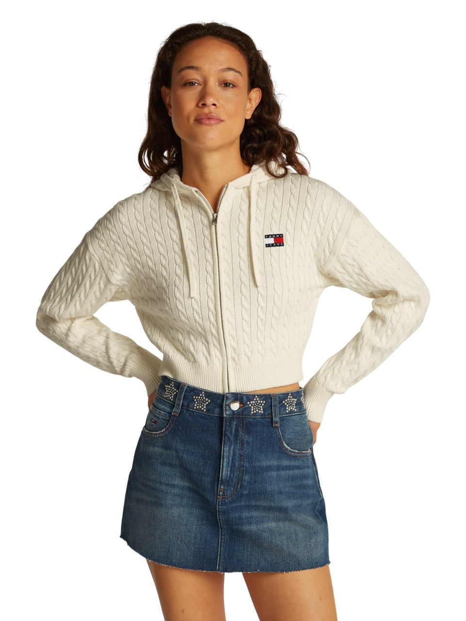 Full-Zip Cropped Hoodie With Textured Cable Knit