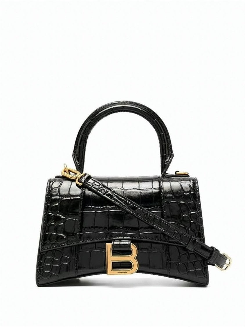 Glossy Black Crocodile-Embossed Shoulder Bag With Gold Logo Clasp