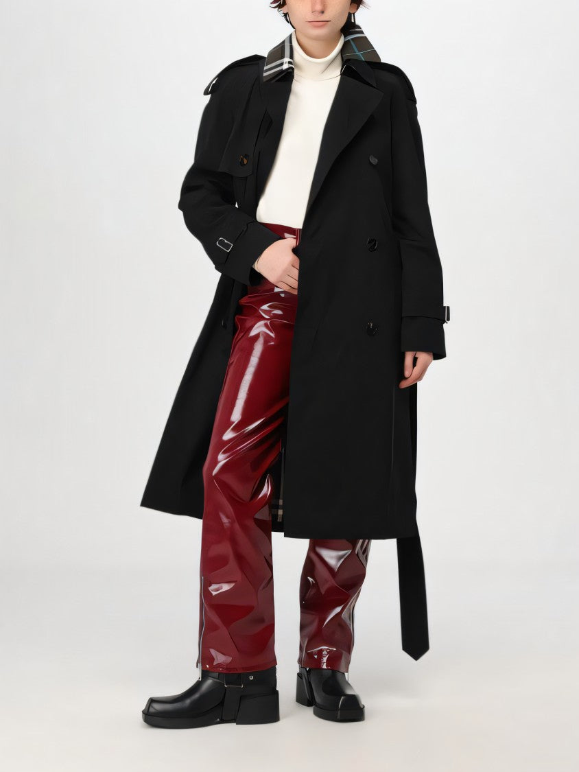 Double-Breasted Trench Coat with Distinctive Plaid Detail
