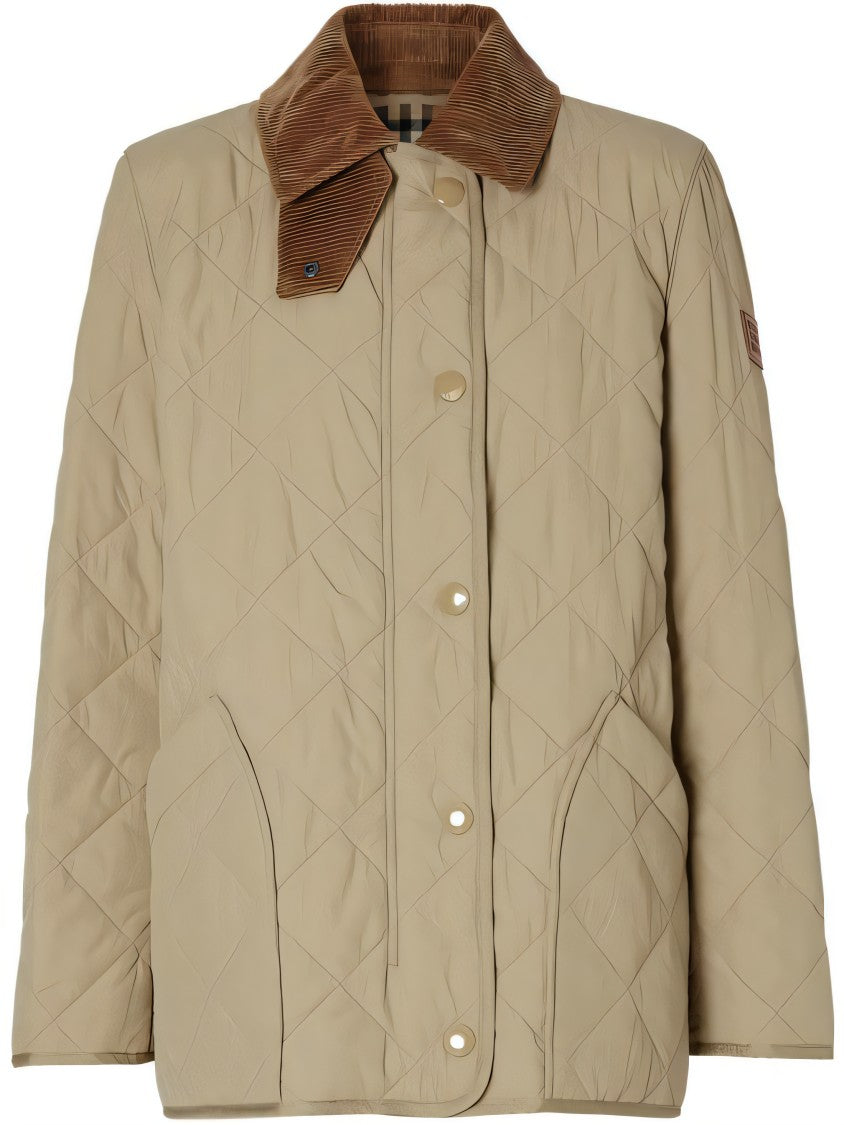 Diamond Quilted Padded Jacket with Corduroy Collar