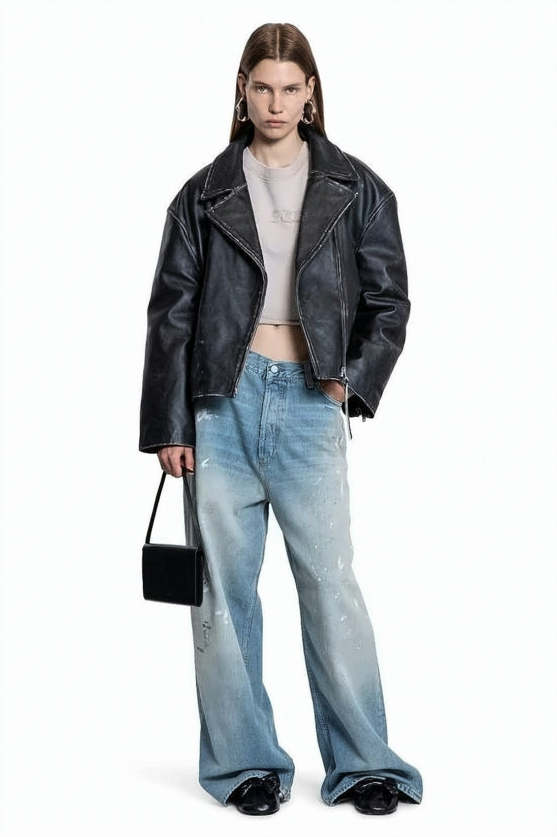 Wide-Leg Light Blue Denim Pants With Distressed Finish