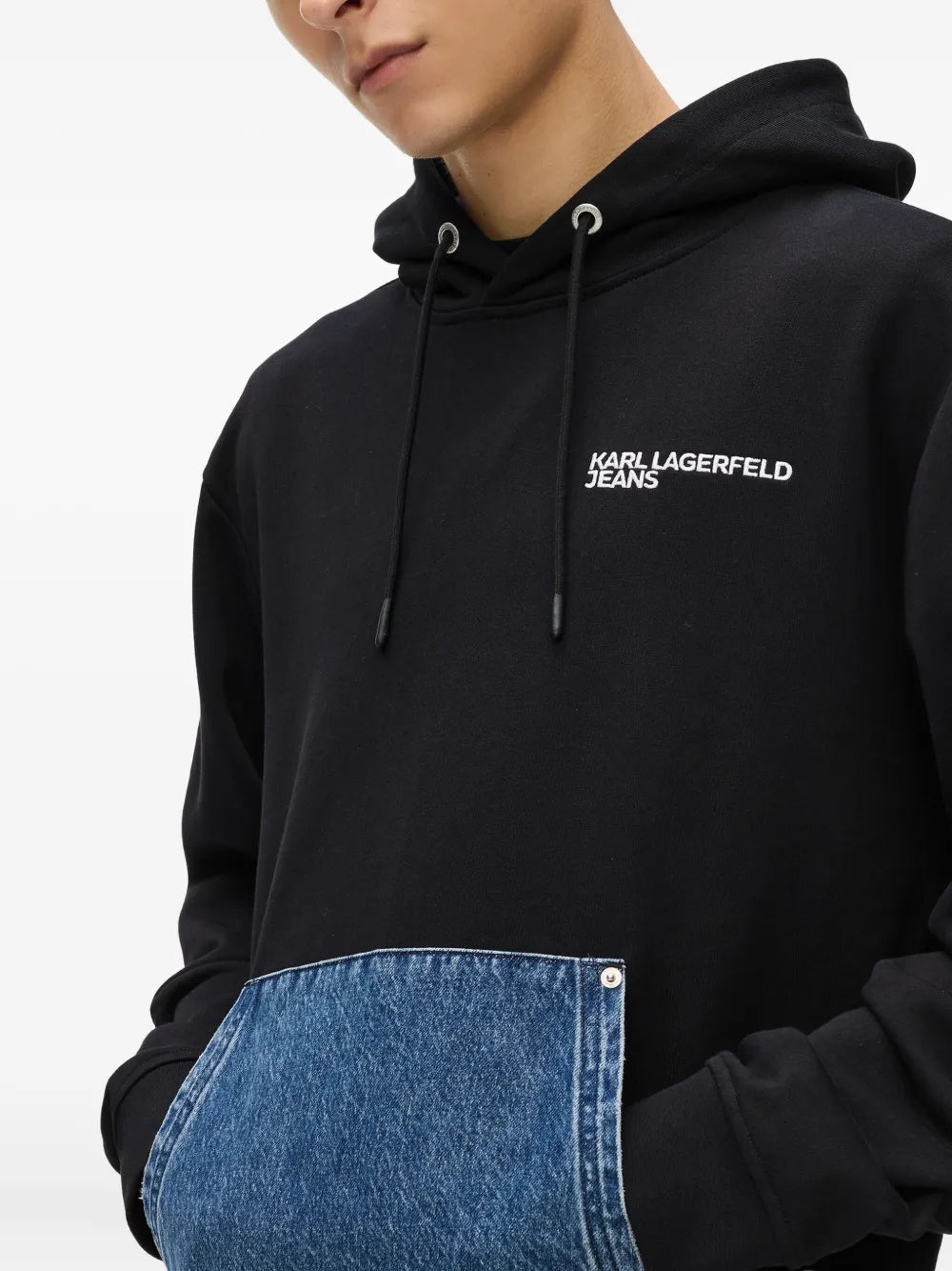 Hooded Sweatshirt with Denim Patch Pocket