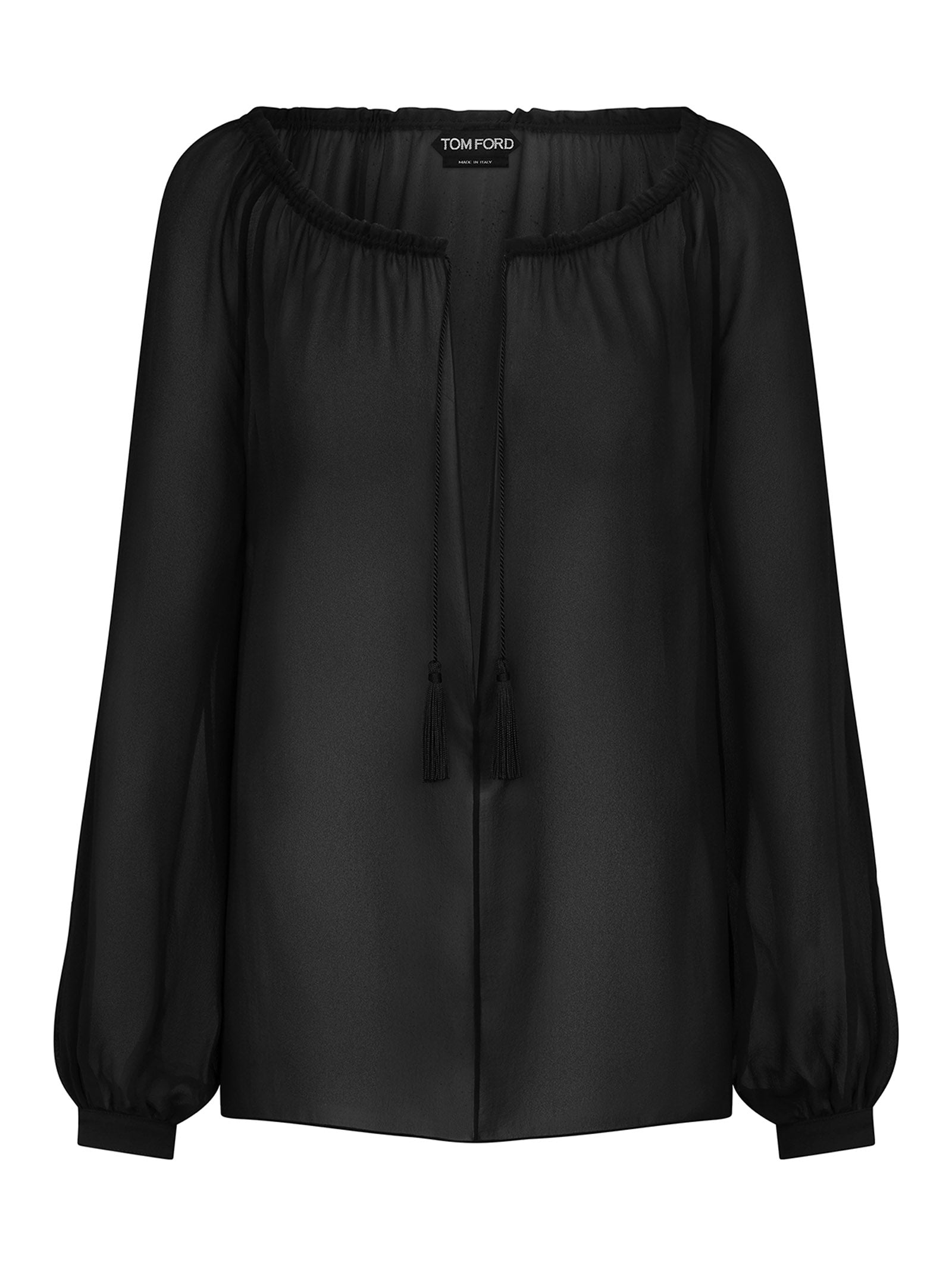 Silk Blouse With Gathered Neckline And Tasseled Lavallière