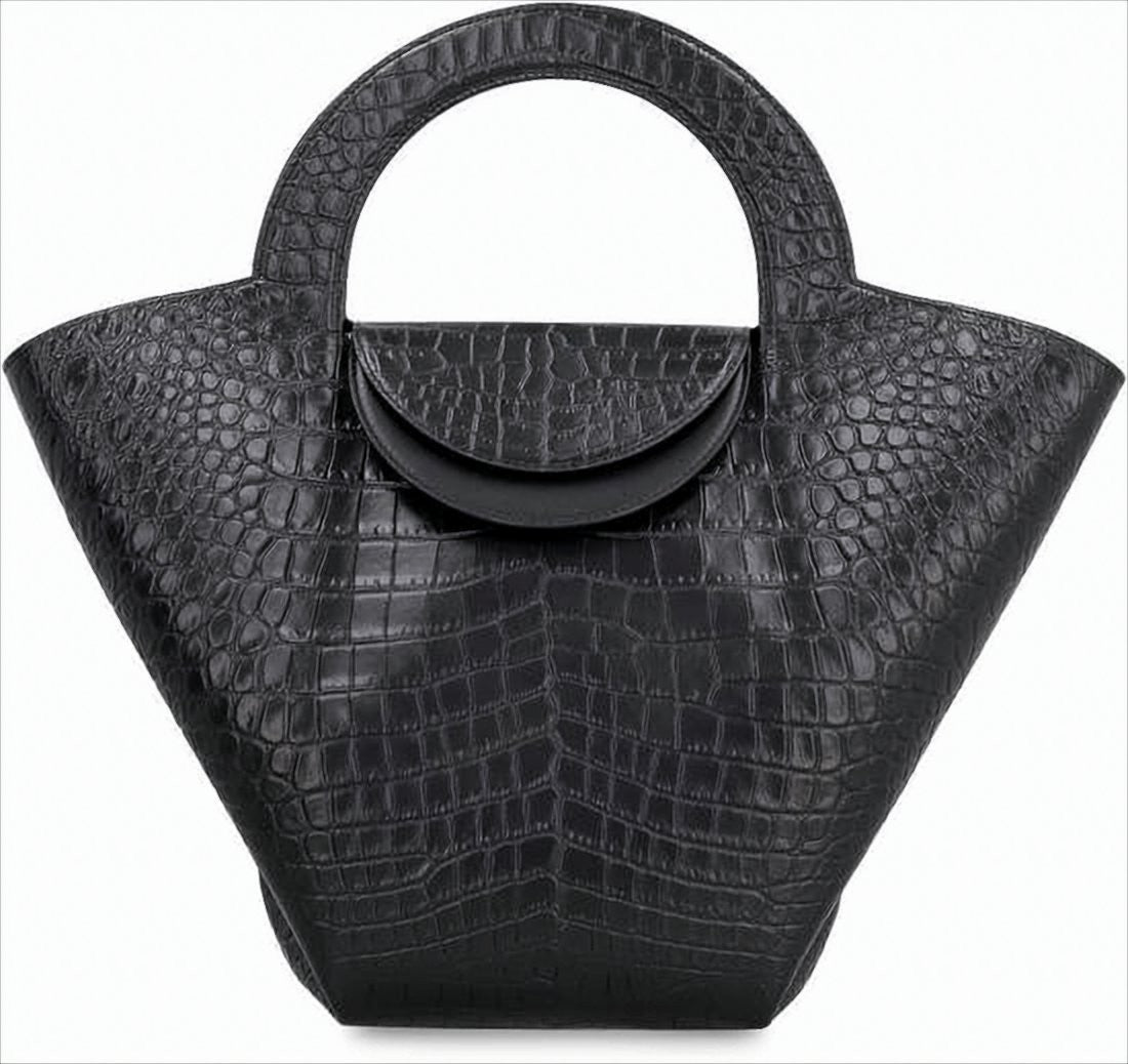 Trapezoidal Crocodile-Embossed Leather Tote Bag